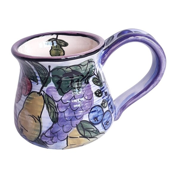 Handpainted Ceramic Fruit Design Coffee Mug With Purple Grapes Pears And Blueber - Picture 1 of 7